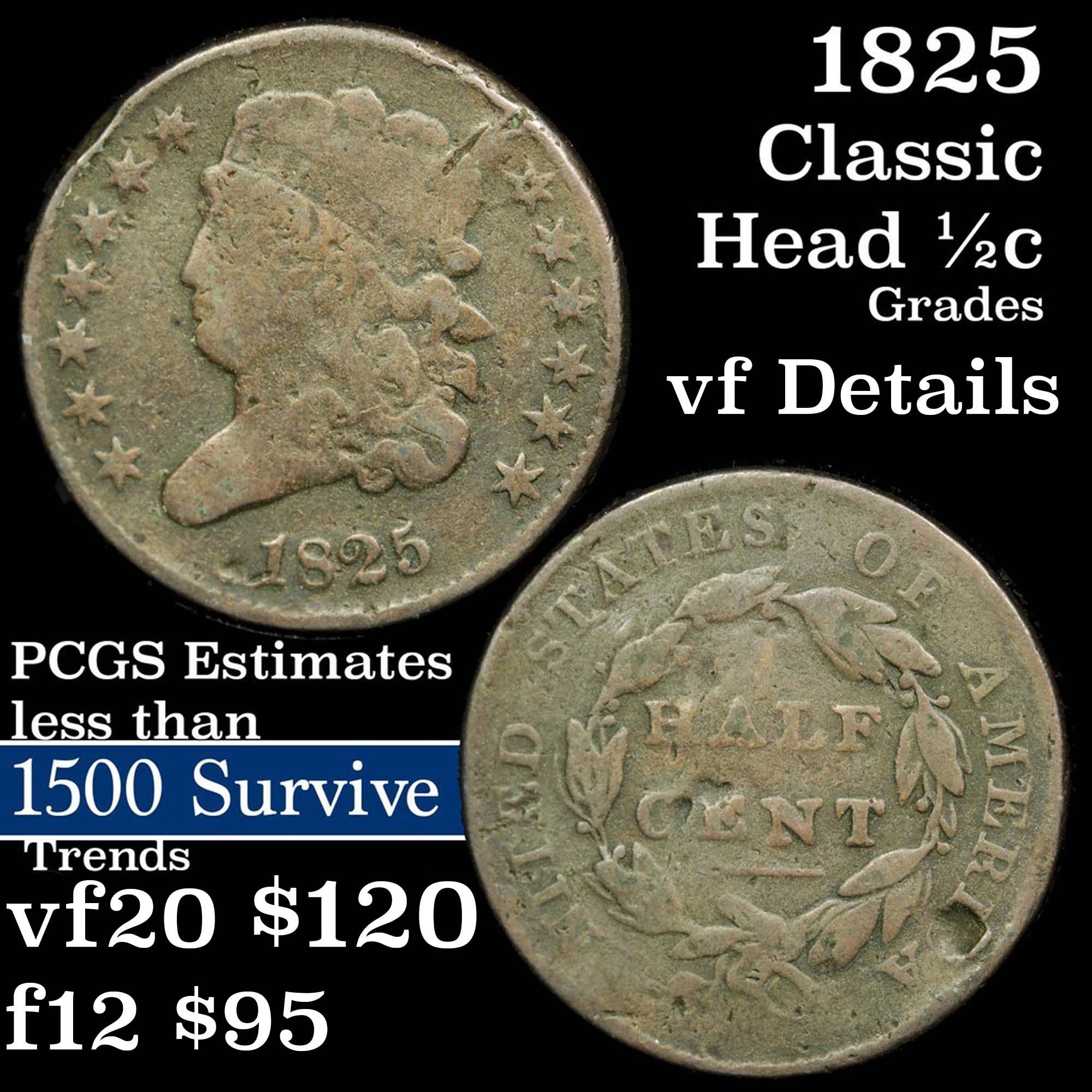 1825 Classic Head half cent 1/2c Grades vg+