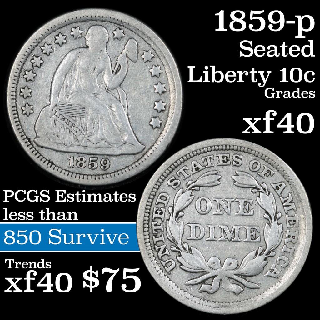 1859-p Seated Liberty Dime 10c Grades xf