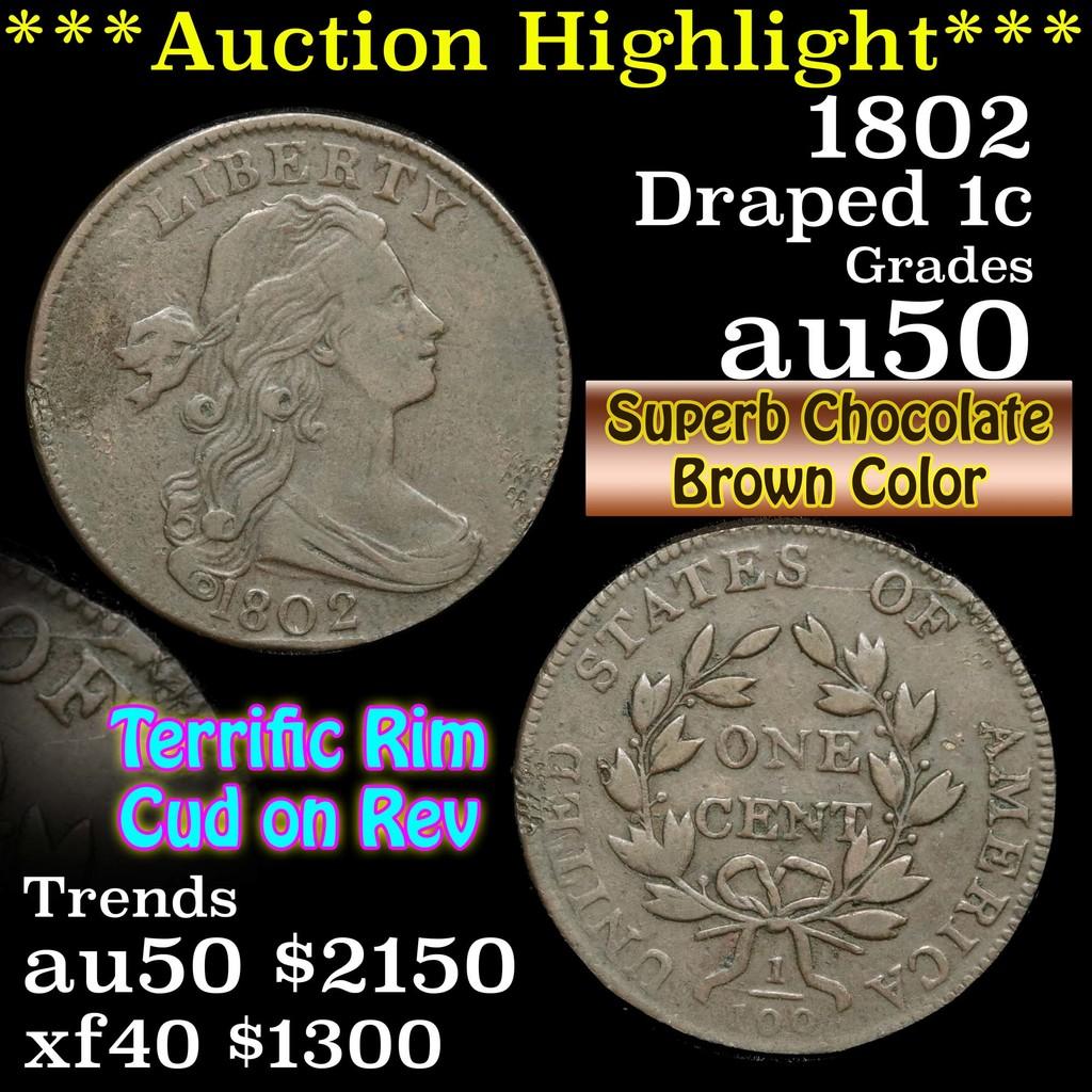 ***Auction Highlight*** 1802 Draped Bust Large Cent 1c Grades AU, Almost Unc (fc)