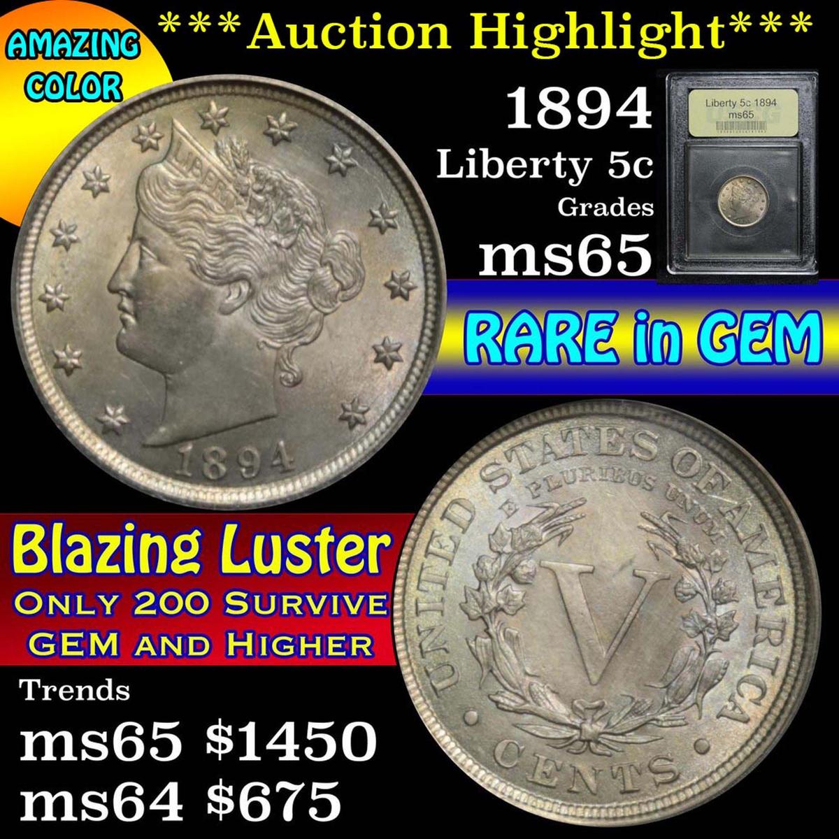 ***Auction Highlight*** 1894 Liberty Nickel 5c Graded GEM Unc by USCG (fc)