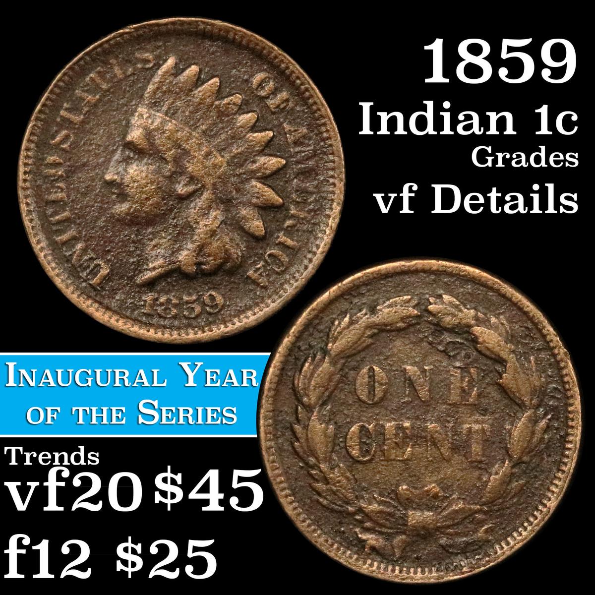 1859 Indian Cent 1c Grades vf details