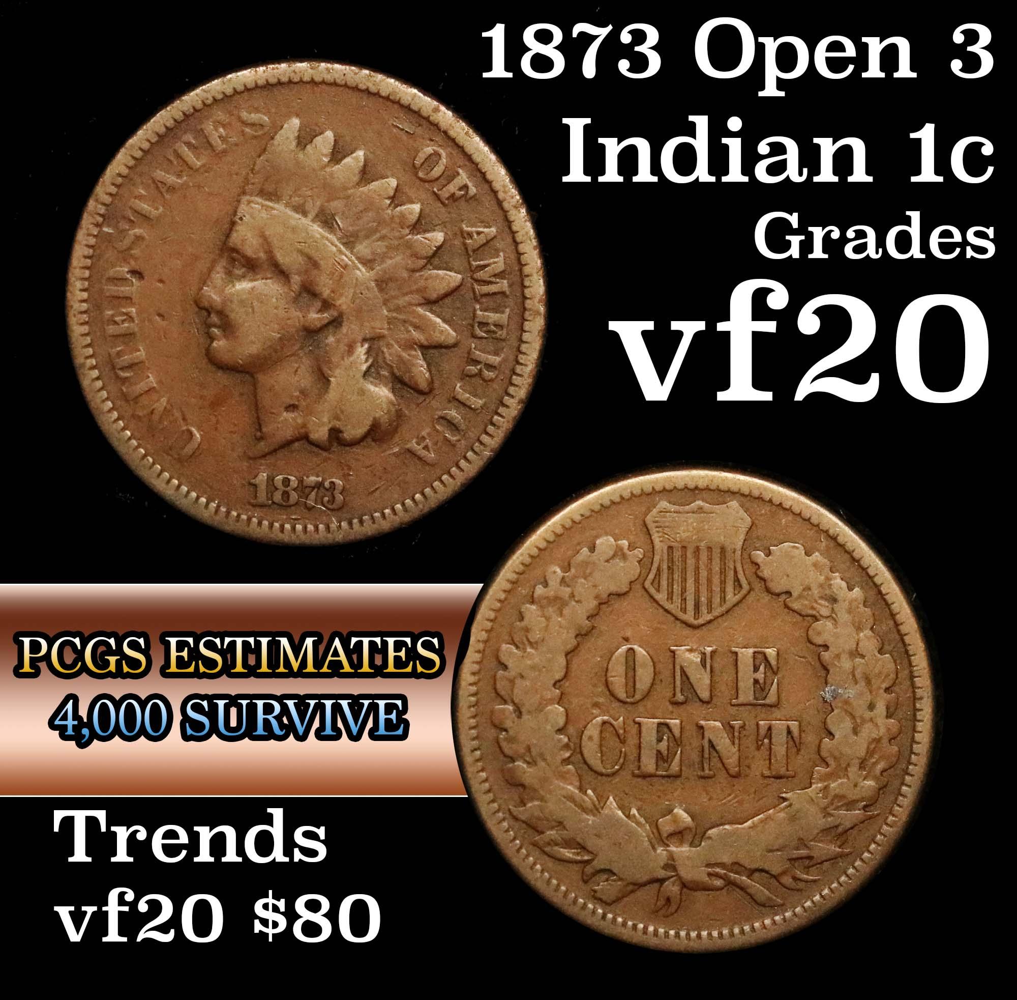 1873 open 3 Indian Cent 1c Grades vf, very fine