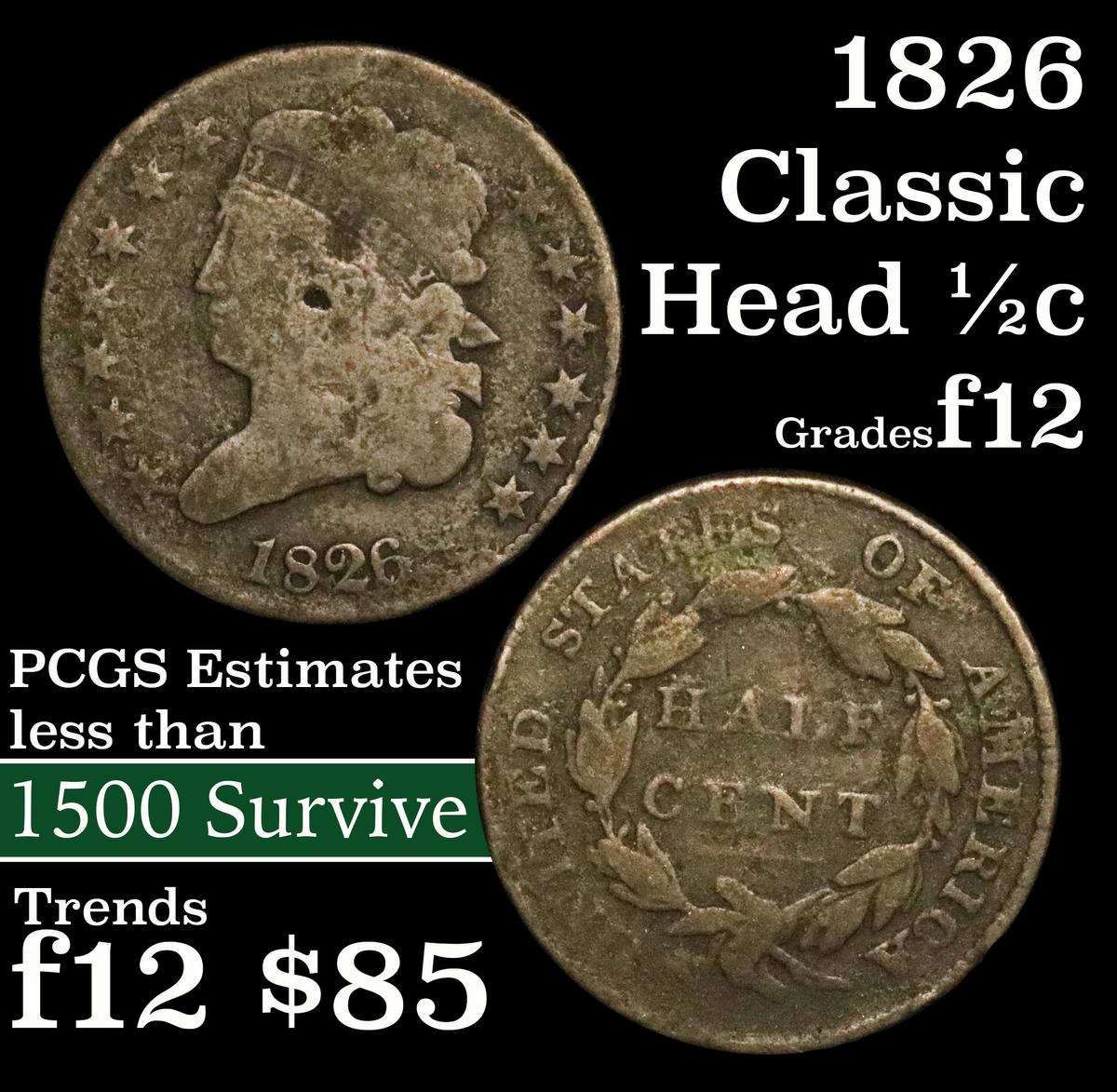 1826 Classic Head half cent 1/2c Grades f, fine