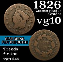 1826 Coronet Head Large Cent 1c Grades vg+