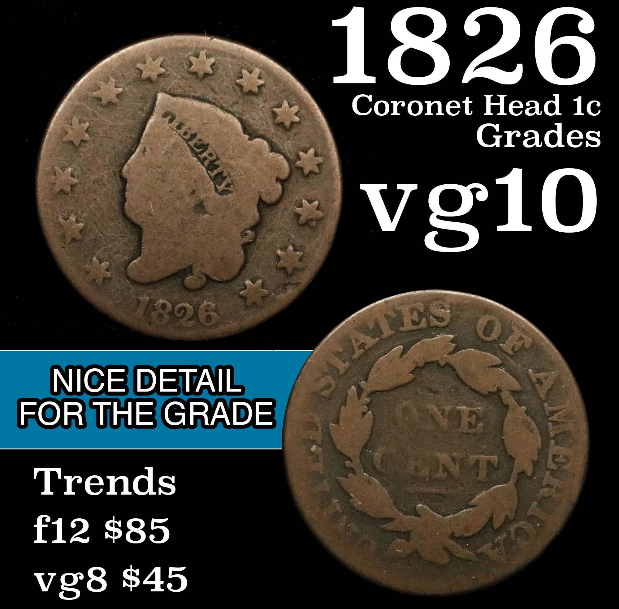 1826 Coronet Head Large Cent 1c Grades vg+