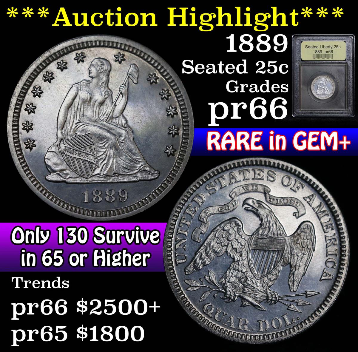 **Auction Highlight** 1889 Seated Liberty Quarter 25c Graded GEM+ Proof by USCG (fc)