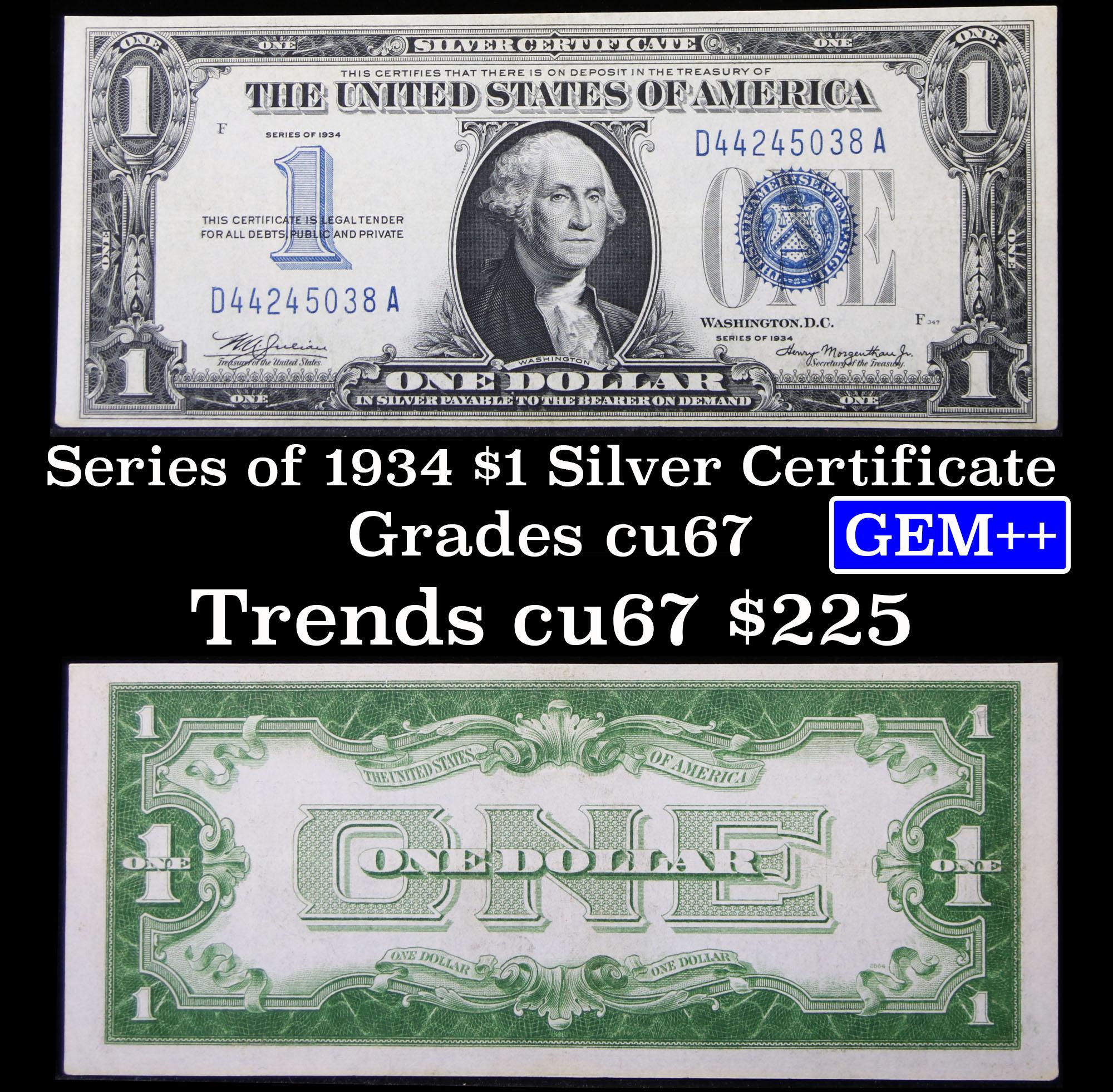 **Auction Highlight** 1934 $1 Blue Seal  "Funny Back" Silver Certificate Grades Gem++ CU (fc)