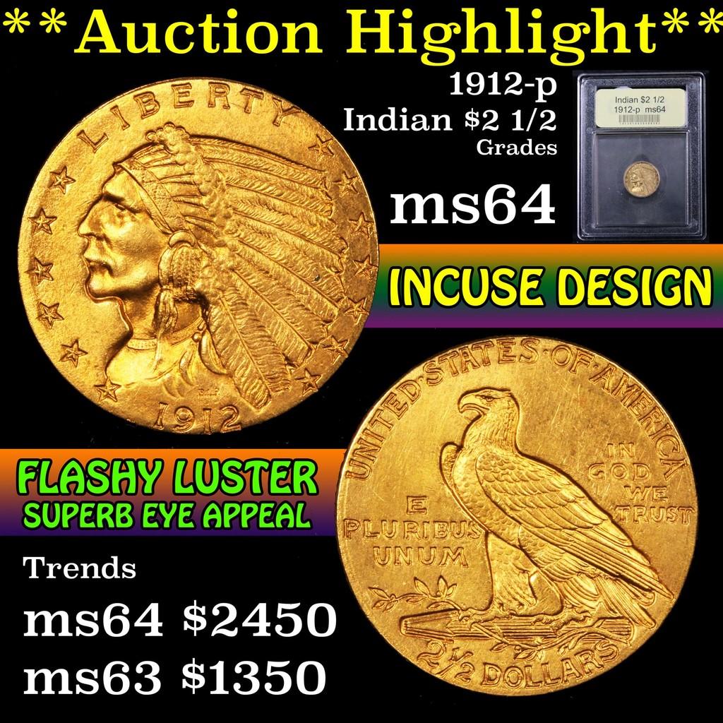 ***Auction Highlight*** 1912-p Gold Indian Quarter Eagle $2 1/2 Graded Choice Unc by USCG (fc)