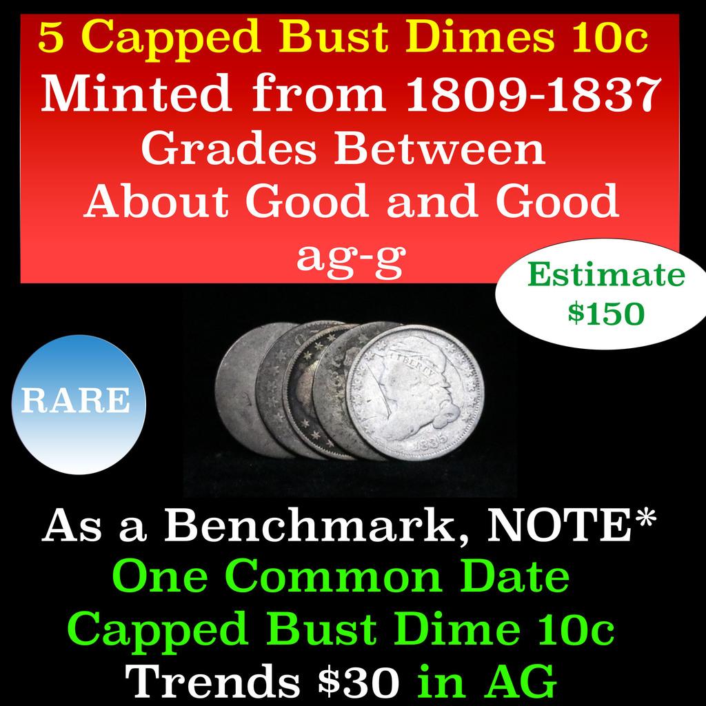 5 Capped Bust Dimes 10c Grades ag-g