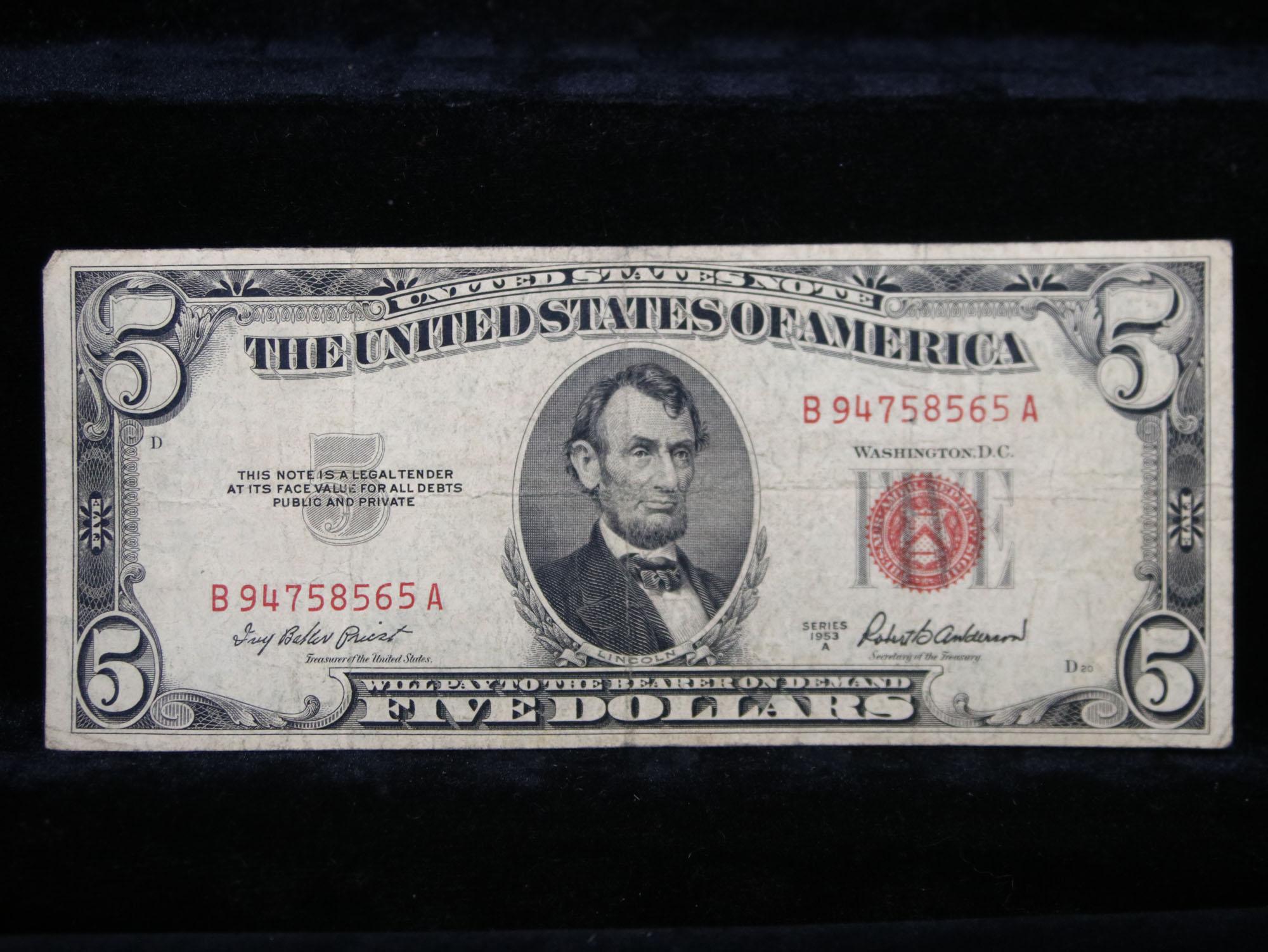 1953A $5 Red Seal United States Note Grades vf+