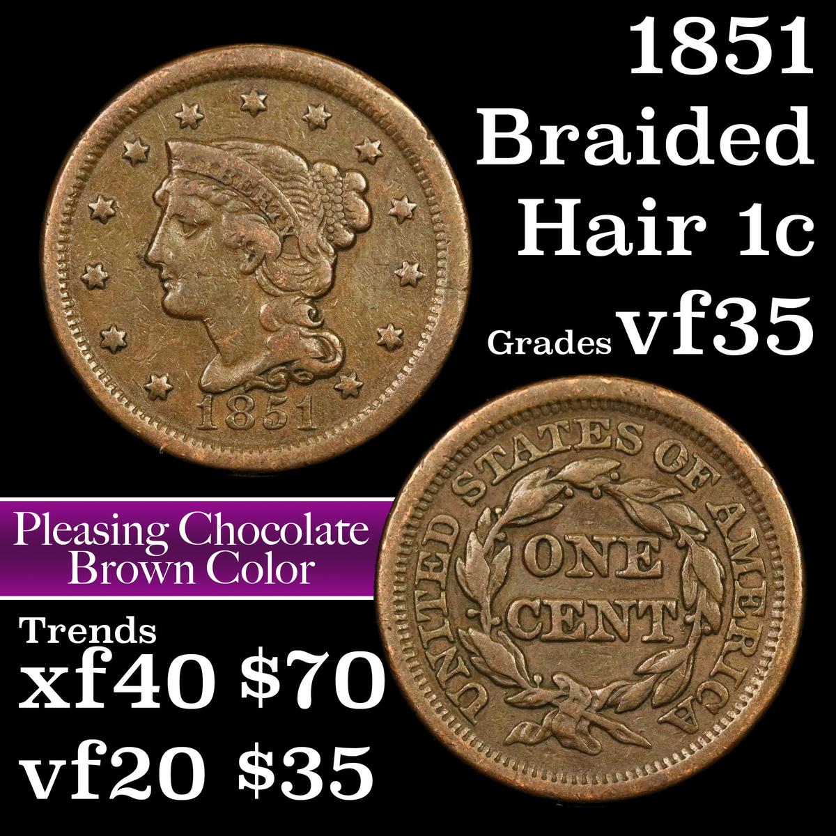 1851 Braided Hair Large Cent 1c Grades vf++