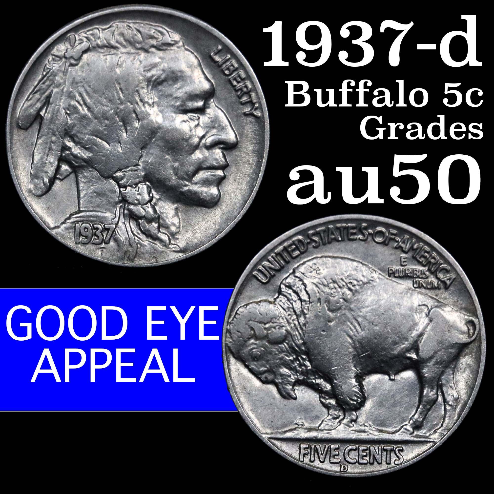 1937-d Buffalo Nickel 5c Grades AU, Almost Unc