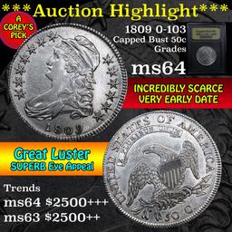 ***Auction Highlight*** 1809 o-103 Capped Bust Half Dollar 50c Graded Choice Unc by USCG (fc)