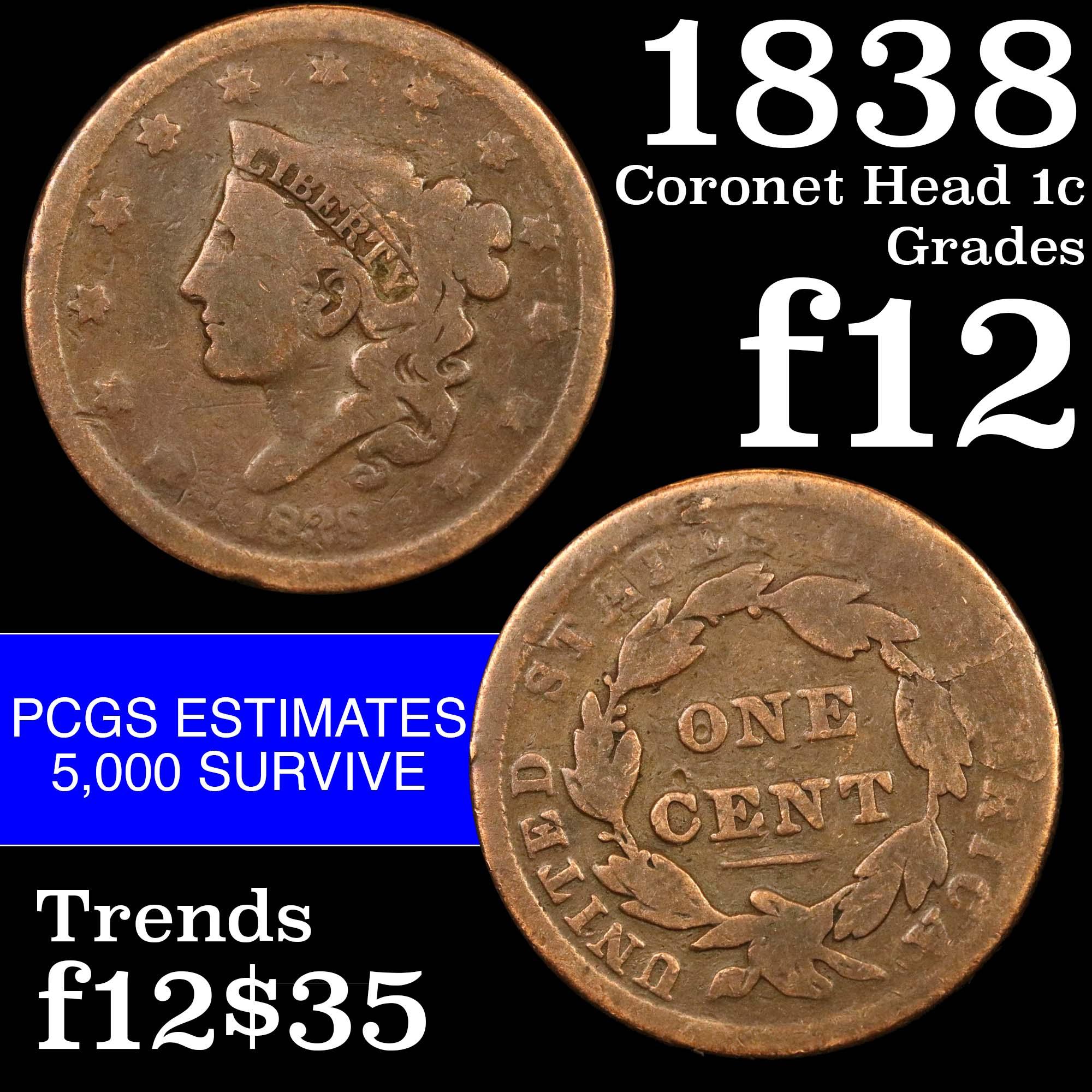 1838 Coronet Head Large Cent 1c Grades f, fine