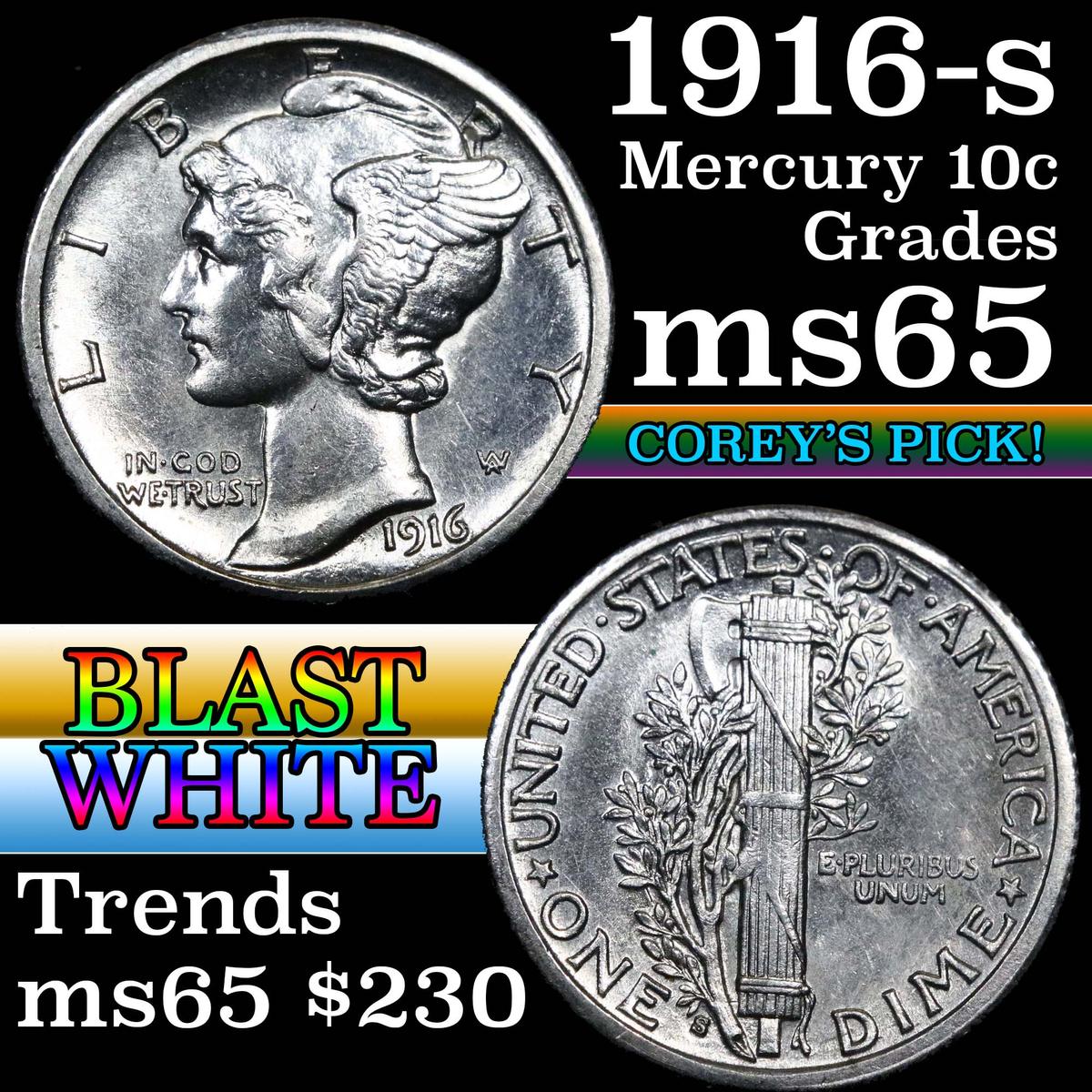 1916-s Mercury Dime 10c Grades GEM Unc