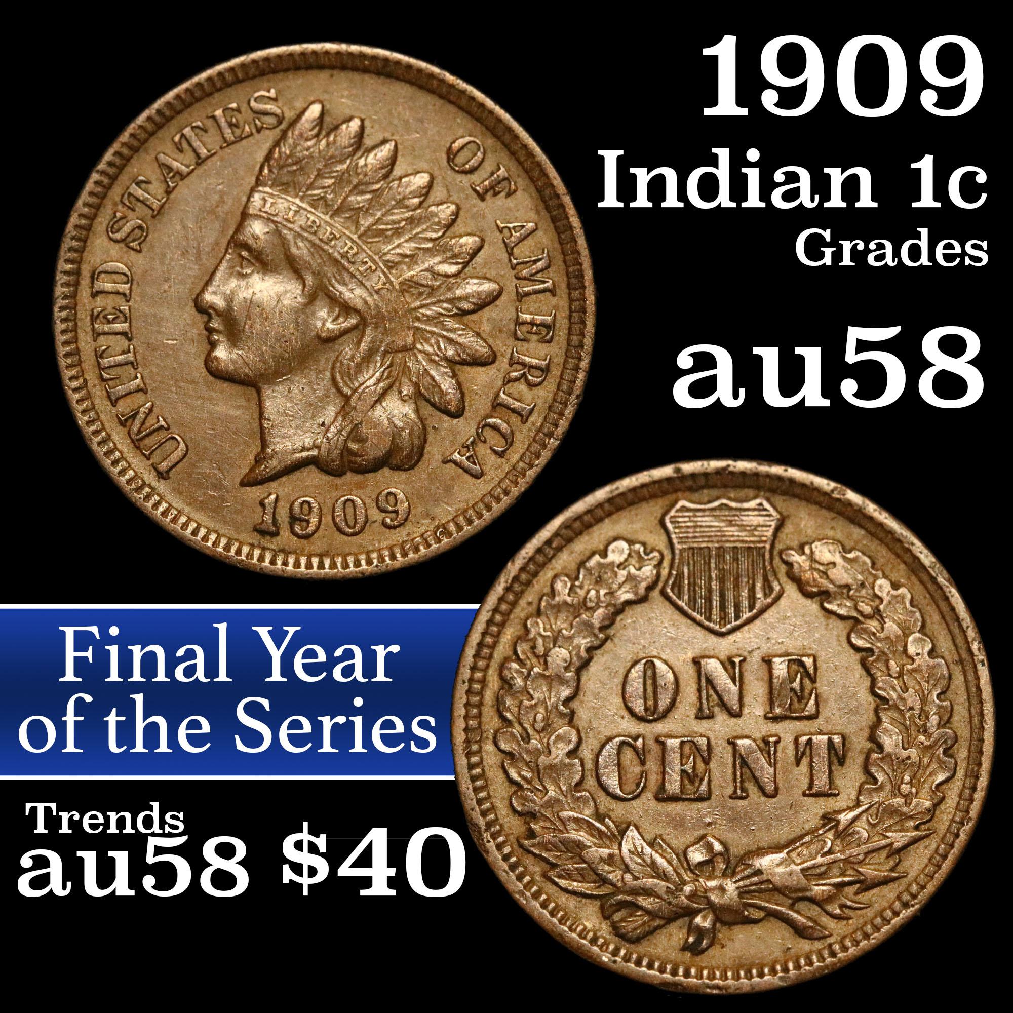 1909 Indian Cent 1c Grades Choice AU/BU Slider