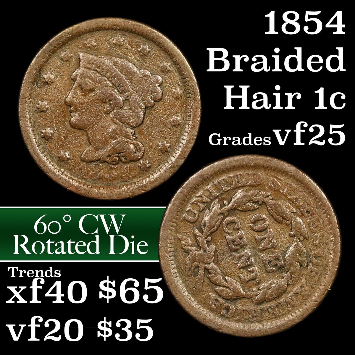 1854 Braided Hair Large Cent 1c Grades vf+