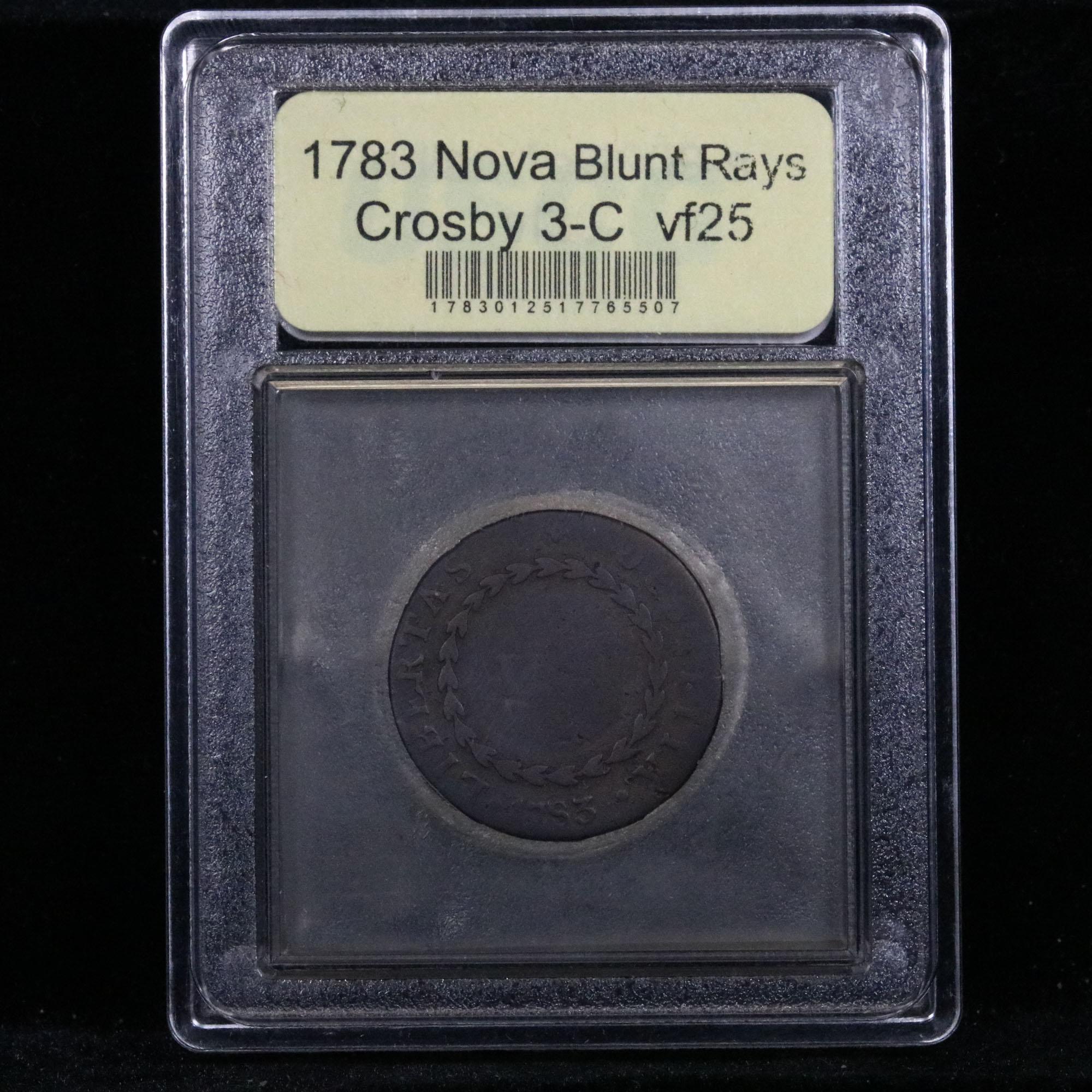 **Auction Highlight** 1783 Nova Blunt Rays Crosby 3C W-1875 Colonial Cent 1c Graded vf+ by USCG (fc)