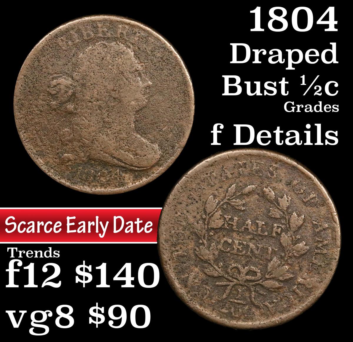 1804 Draped Bust Half Cent 1/2c Grades f details