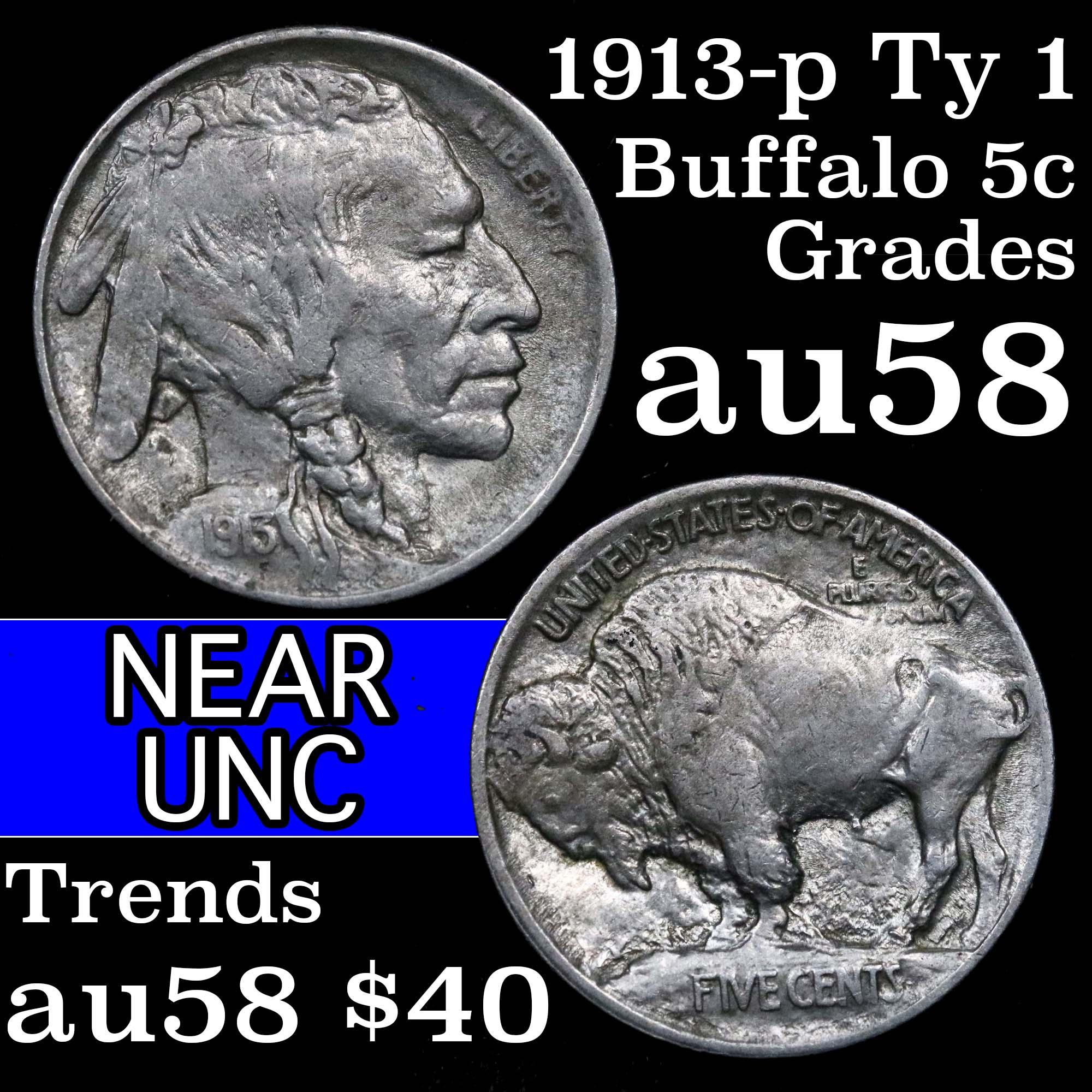 1913-p Ty I Buffalo Nickel 5c Grades Choice AU/BU Slider