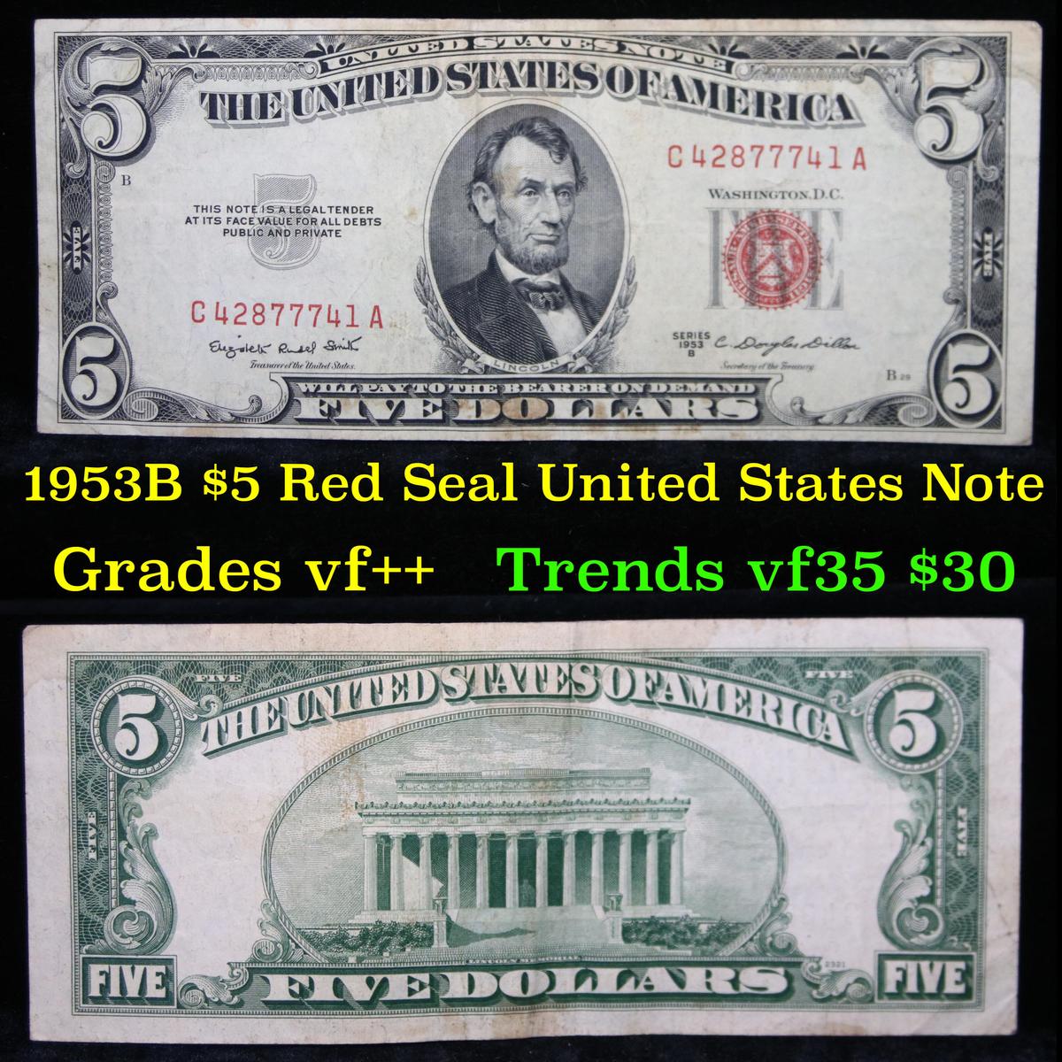 1953B $5 Red Seal United States Note Grades vf++