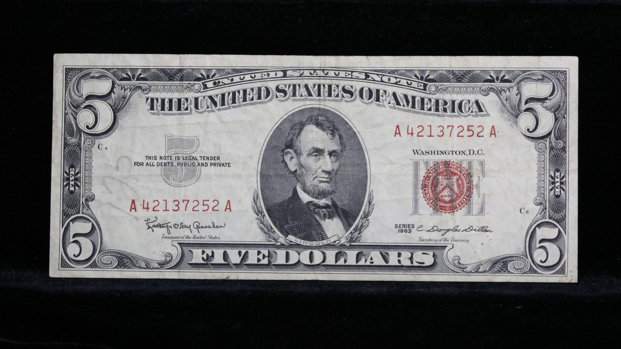 1963 $5 Red seal United States Note Grades xf