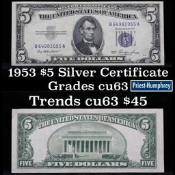 1953 $5 Blue Seal Silver certificate Grades Select CU