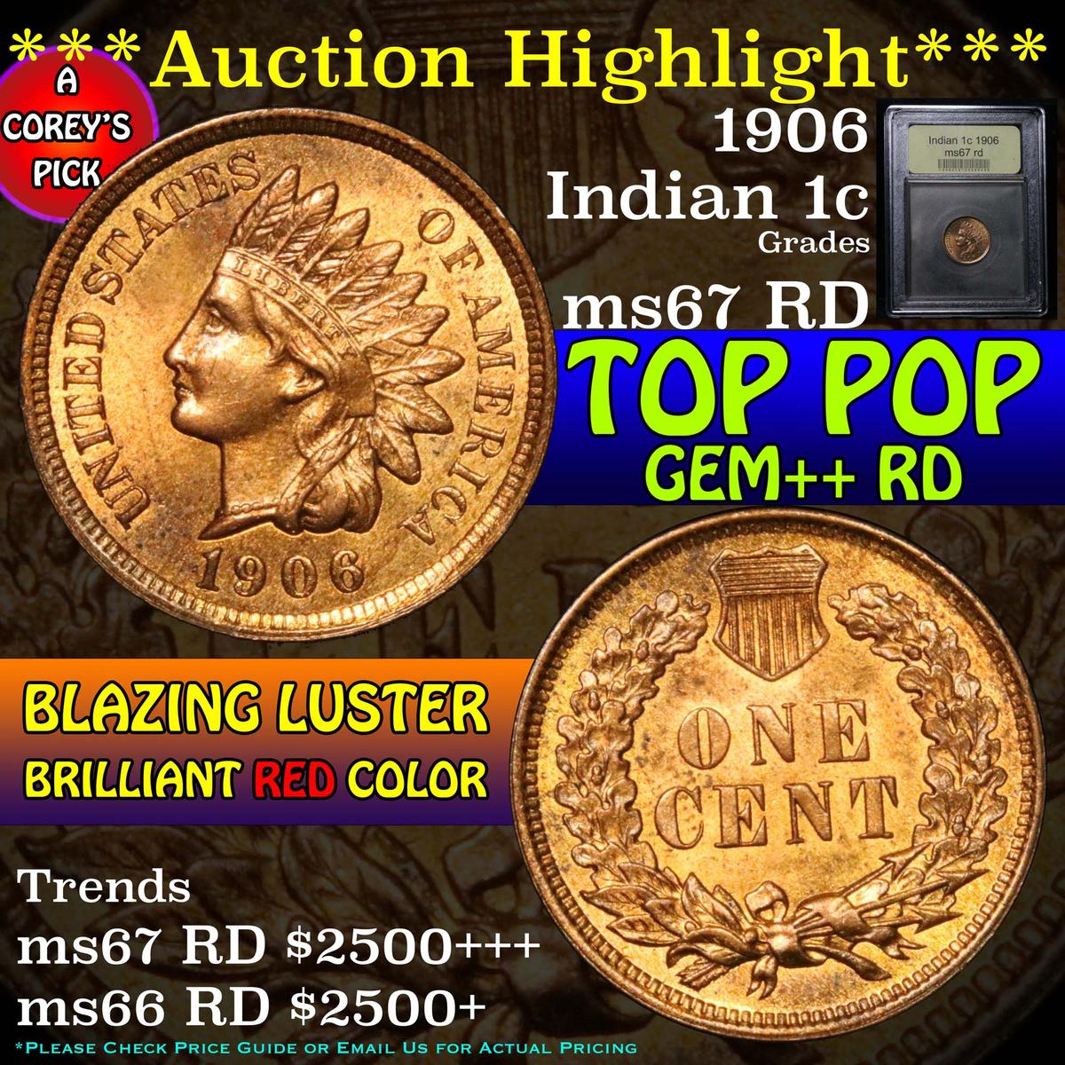 ***Auction Highlight*** 1906 Indian Cent 1c Graded GEM++ Unc RD by USCG (fc)