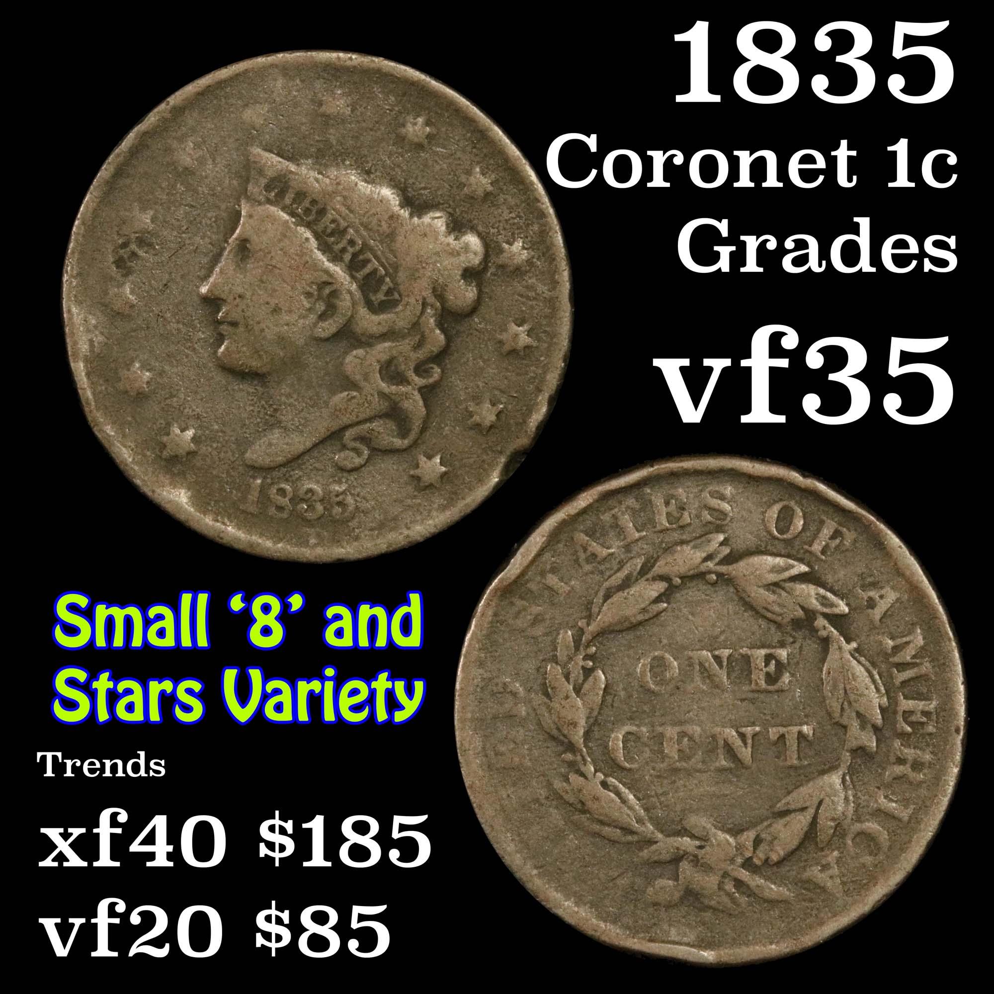 1835 Coronet Head Large Cent 1c Grades vf++