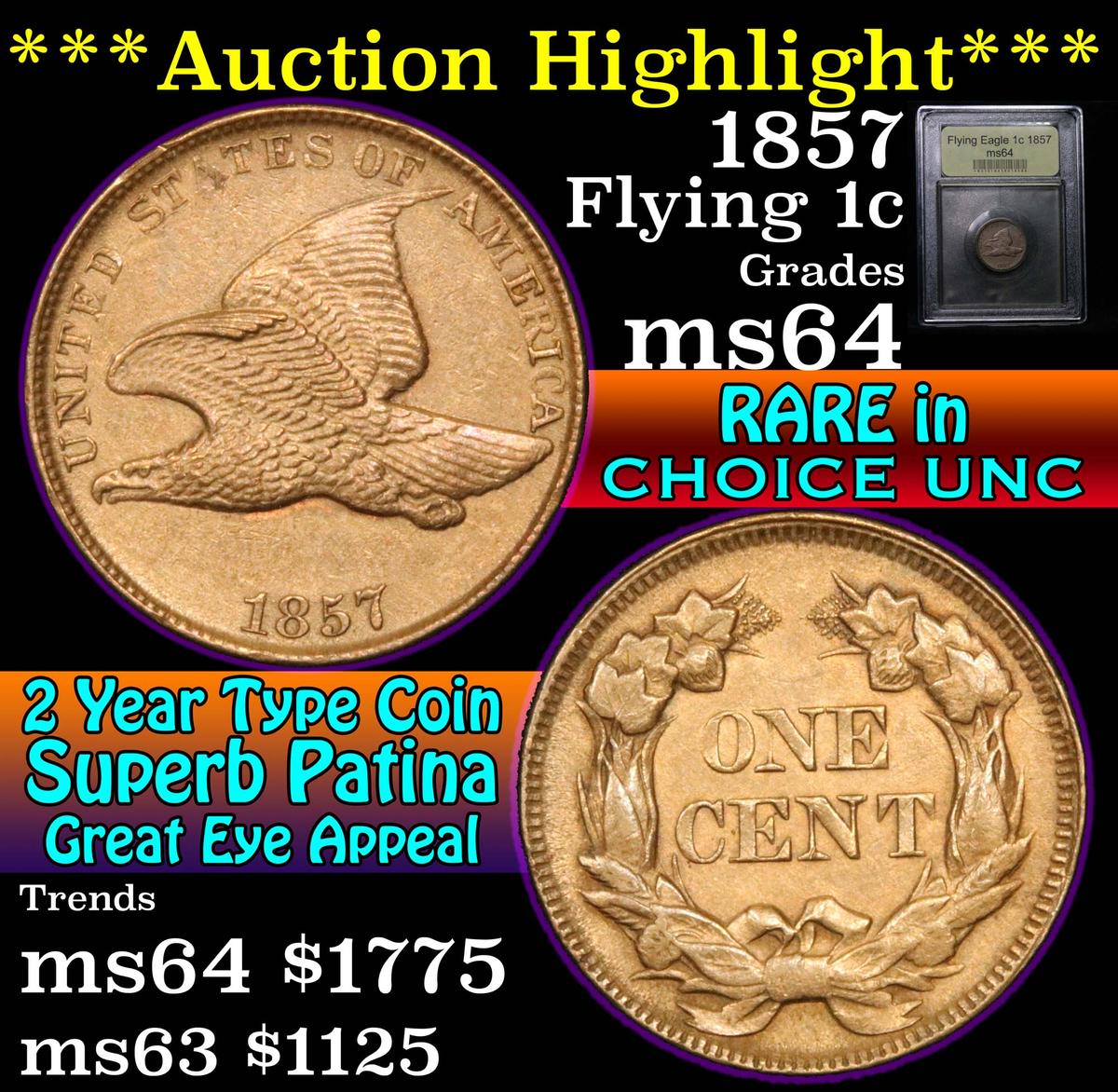 ***Auction Highlight*** 1857 Flying Eagle Cent 1c Graded Choice Unc by USCG (fc)