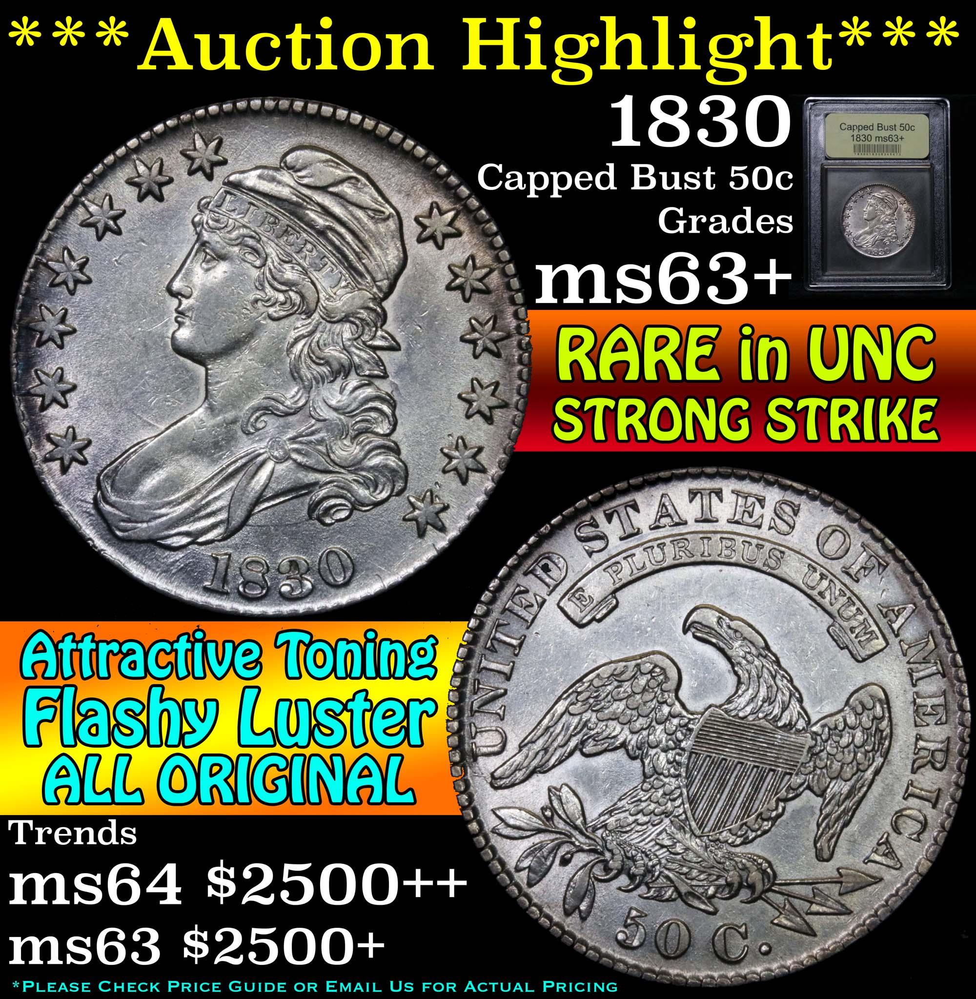 ***Auction Highlight*** 1830 Capped Bust Half Dollar 50c Graded Select+ Unc by USCG (fc)