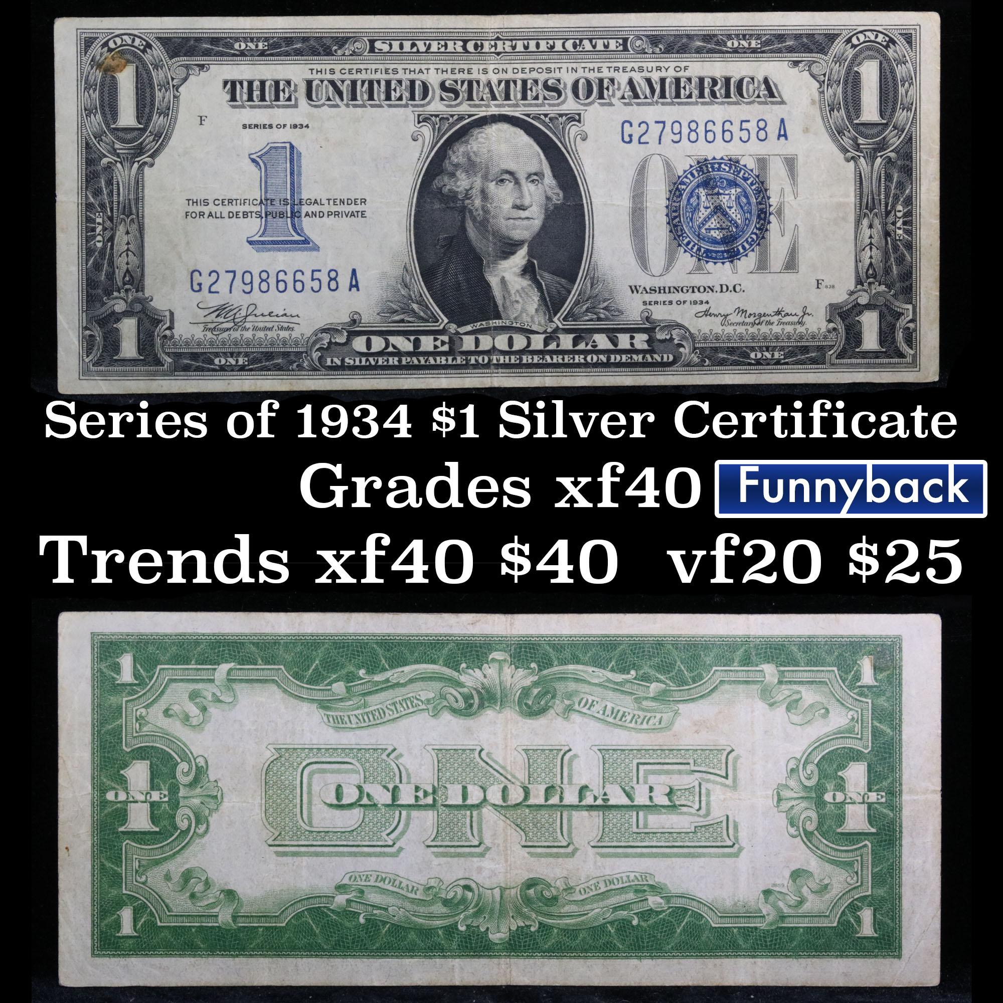 1934 Funny Back $1 Blue Seal Silver Certificate Grades xf