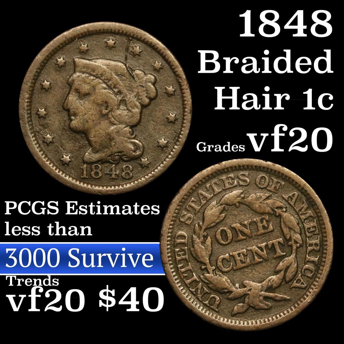 1848 Braided Hair Large Cent 1c Grades vf, very fine