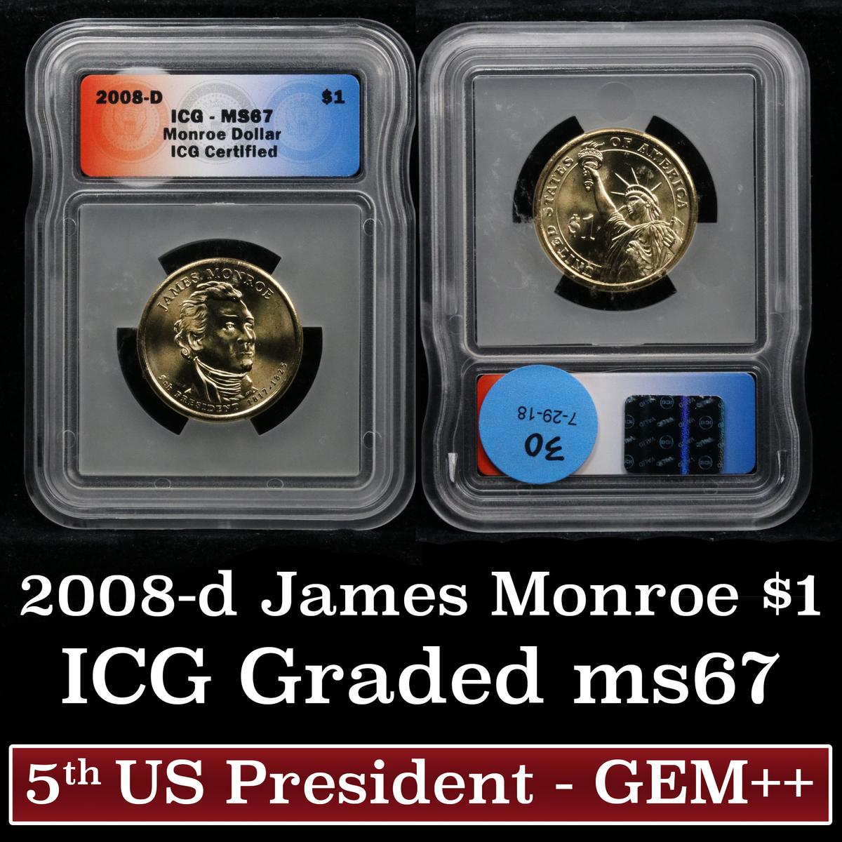 2008-d Monroe Presidential Dollar $1 Graded ms67 By ICG