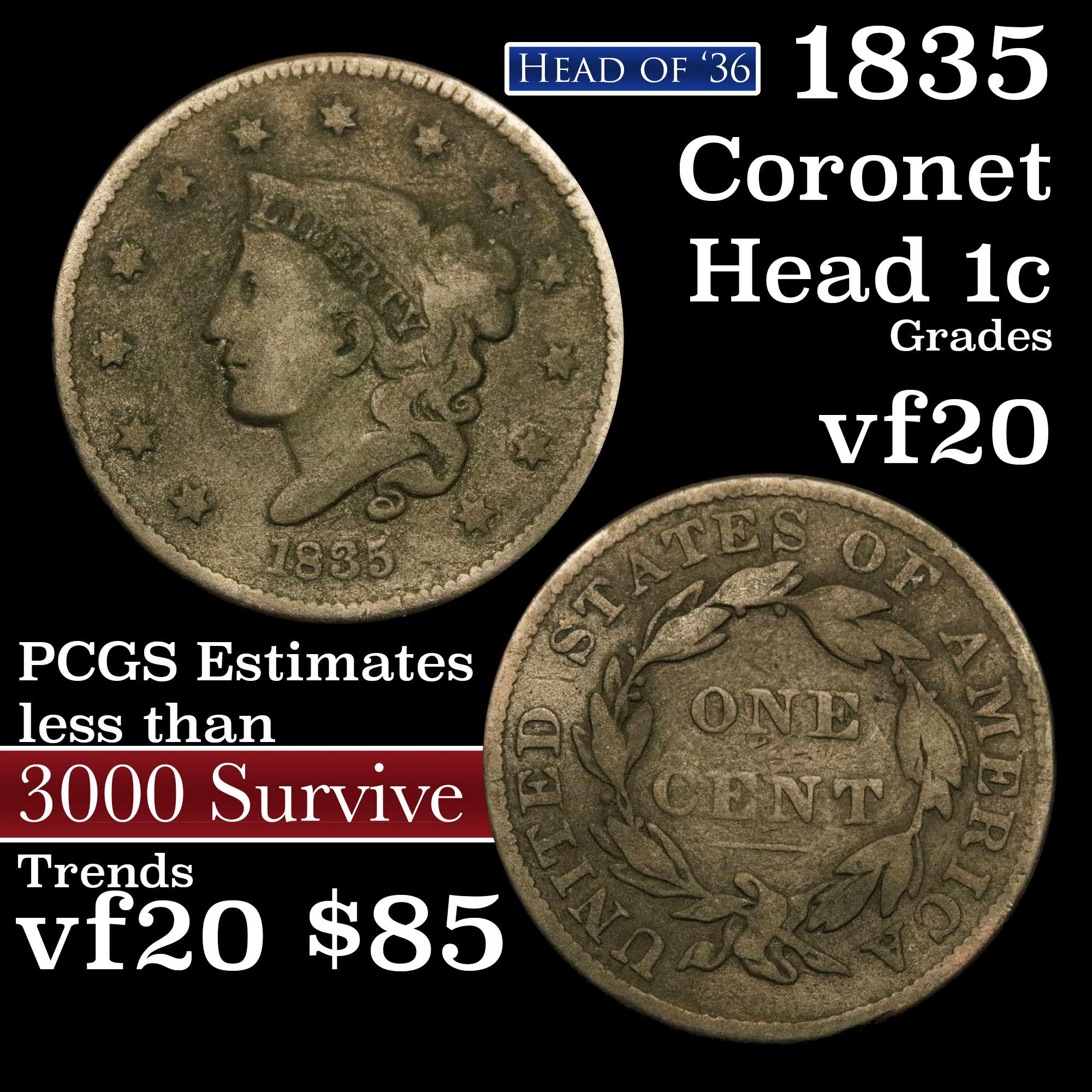 1835 Coronet Head Large Cent 1c Grades vf, very fine