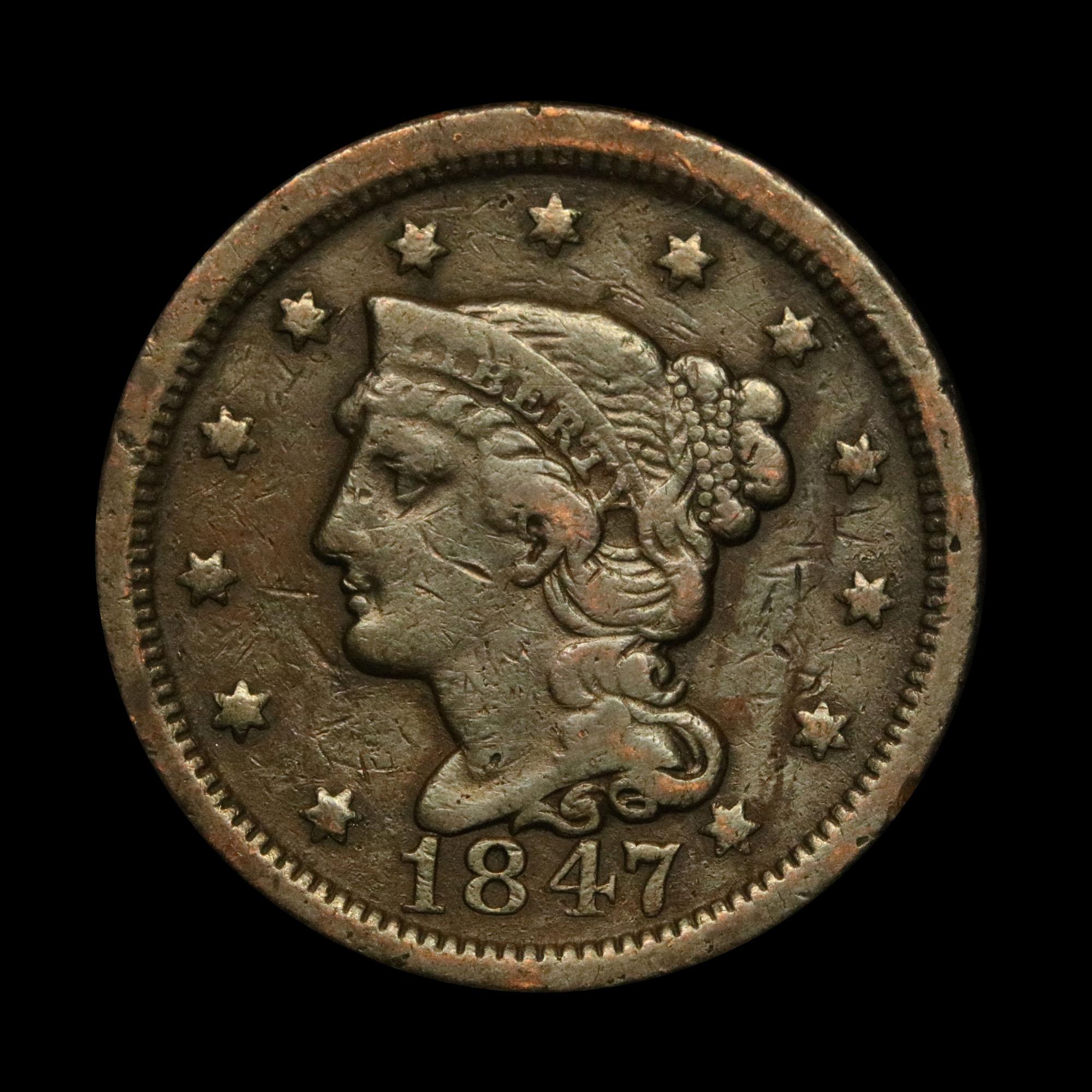 1847 Braided Hair Large Cent 1c Grades vf++