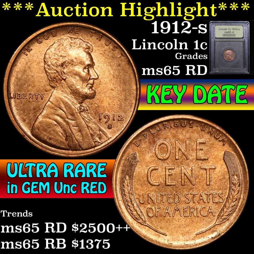 ***Auction Highlight*** 1912-s Lincoln Cent 1c Graded GEM Unc RD by USCG (fc)