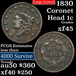 1830 Coronet Head Large Cent 1c Grades xf+