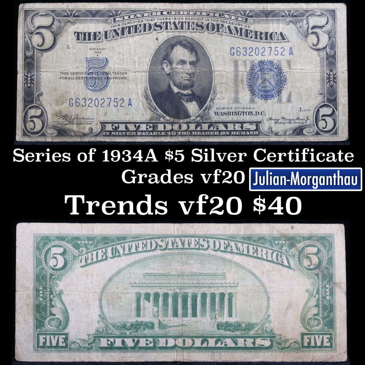 1934A $5 Blue Seal Silver Certificate Grades vf, very fine