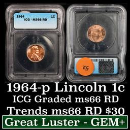 1964-p Lincoln Cent 1c Graded Gem+ RD By ICG