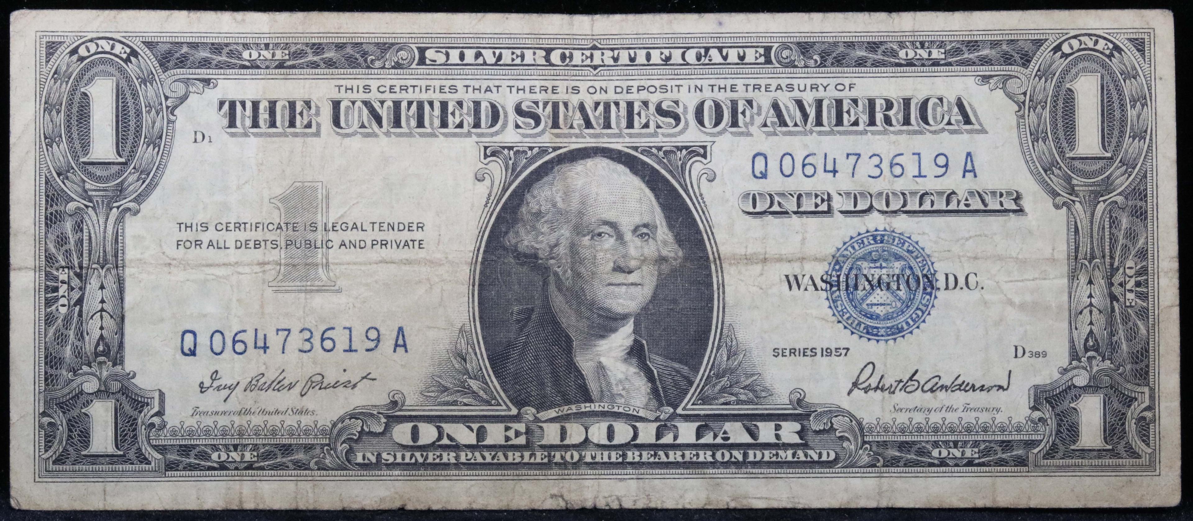 1957 $1 Blue Seal Silver Certificate Grades f+