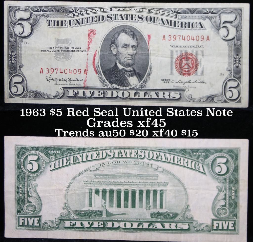 1963 $5 Red seal United States Note $5 Grades xf+