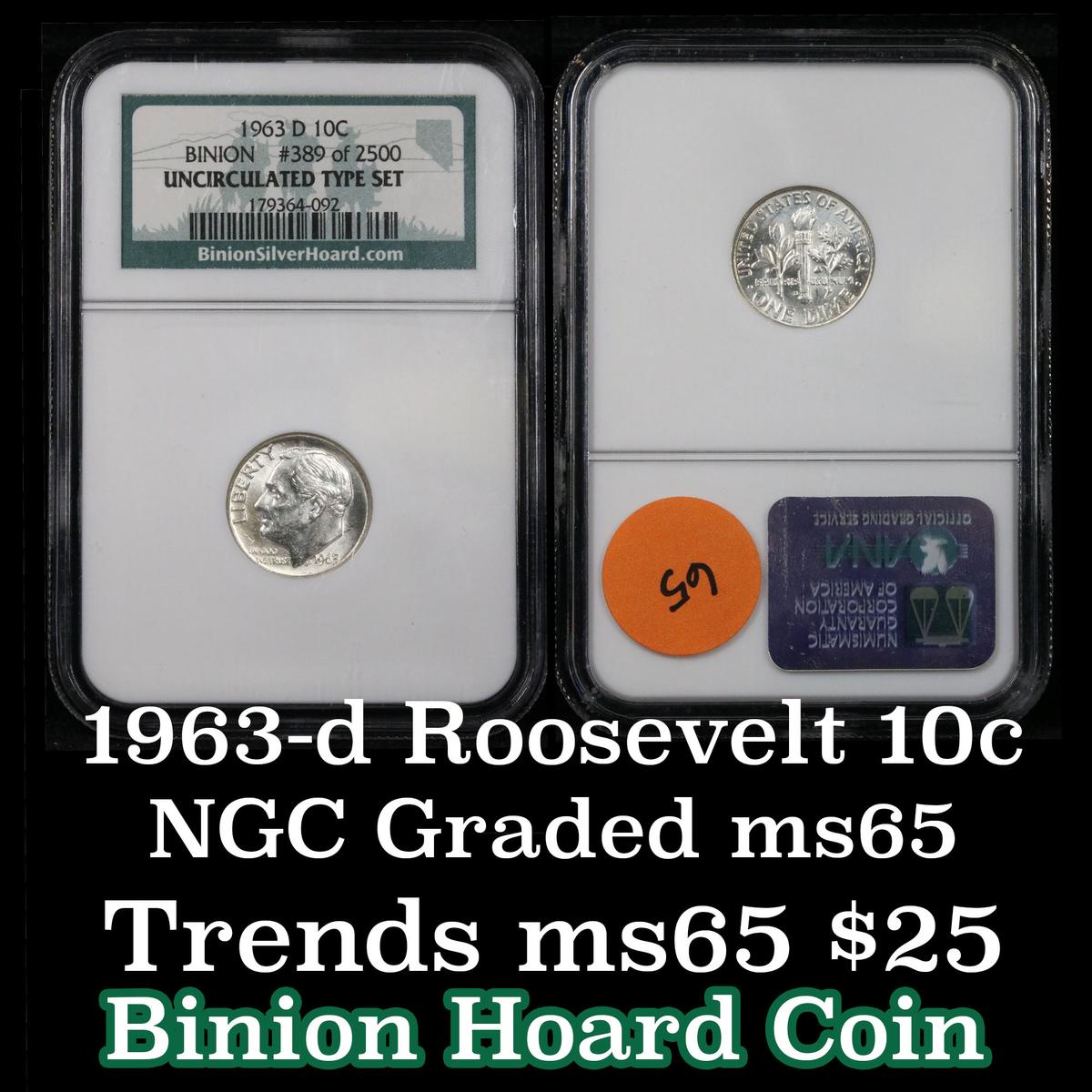 NGC 1963-d Roosevelt Dime 10c Graded Gem By NGC