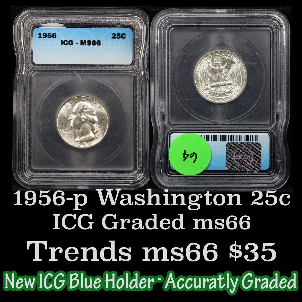 1956 Washington Quarter 25c Graded ms66 By ICG