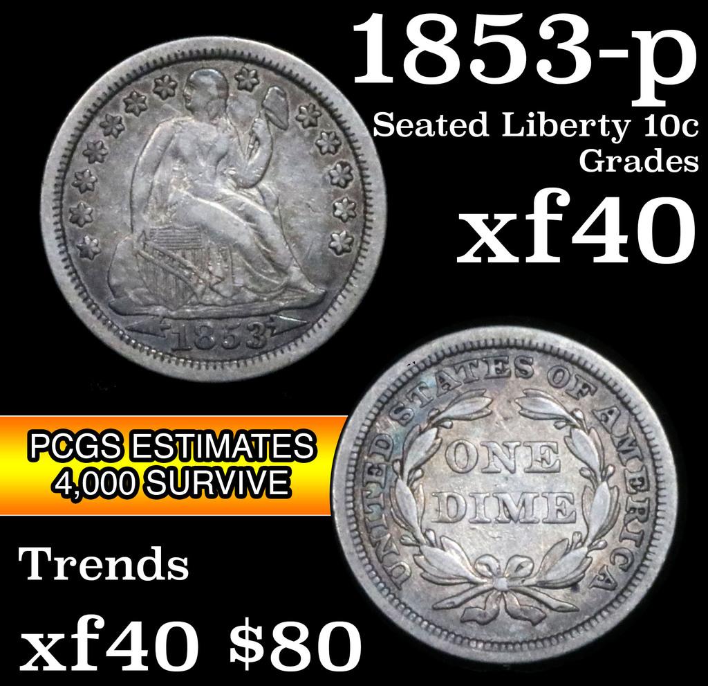 1853-p Seated Liberty Dime 10c Grades xf