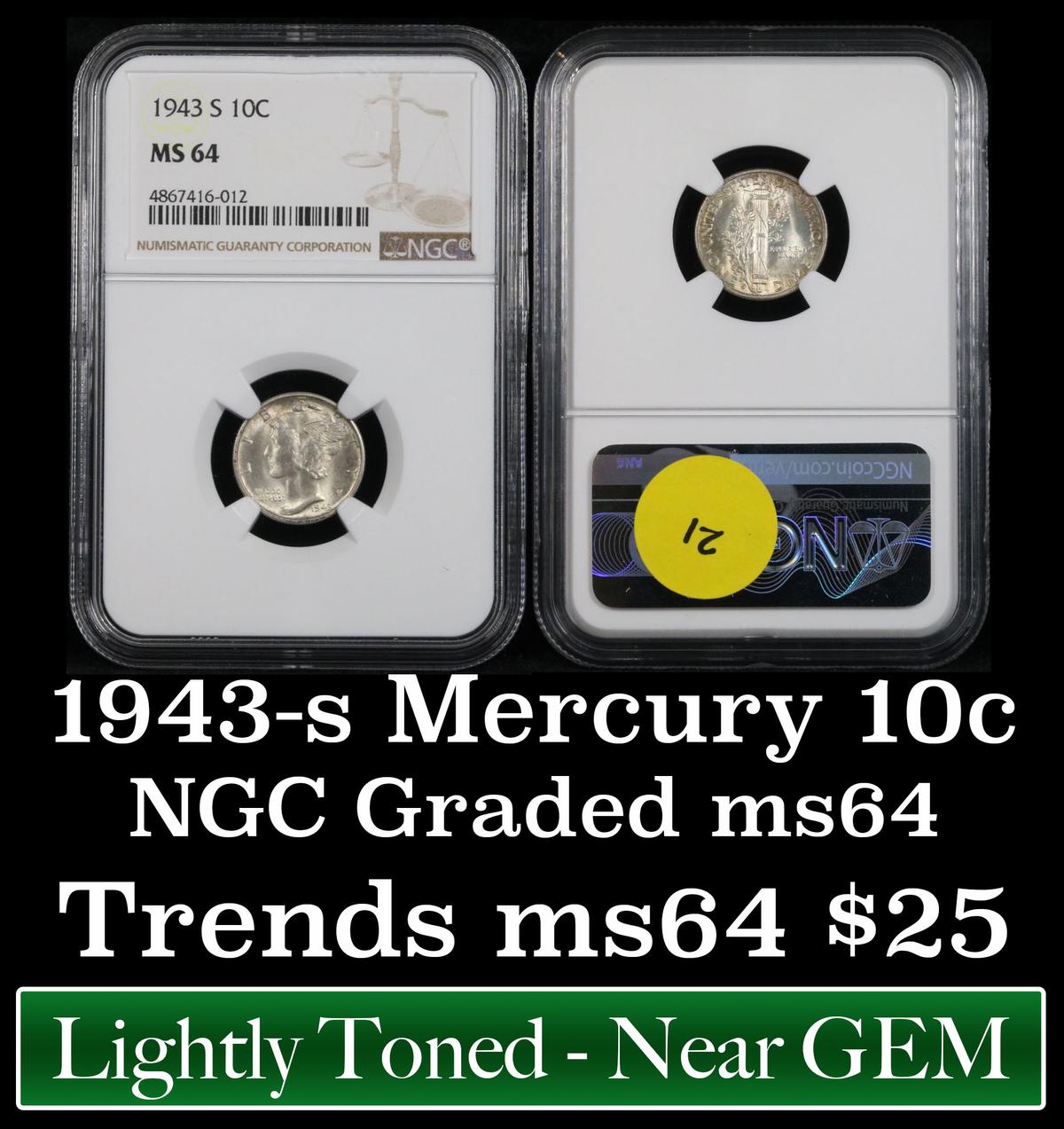 NGC 1943-s Mercury Dime 10c Graded ms64 by NGC