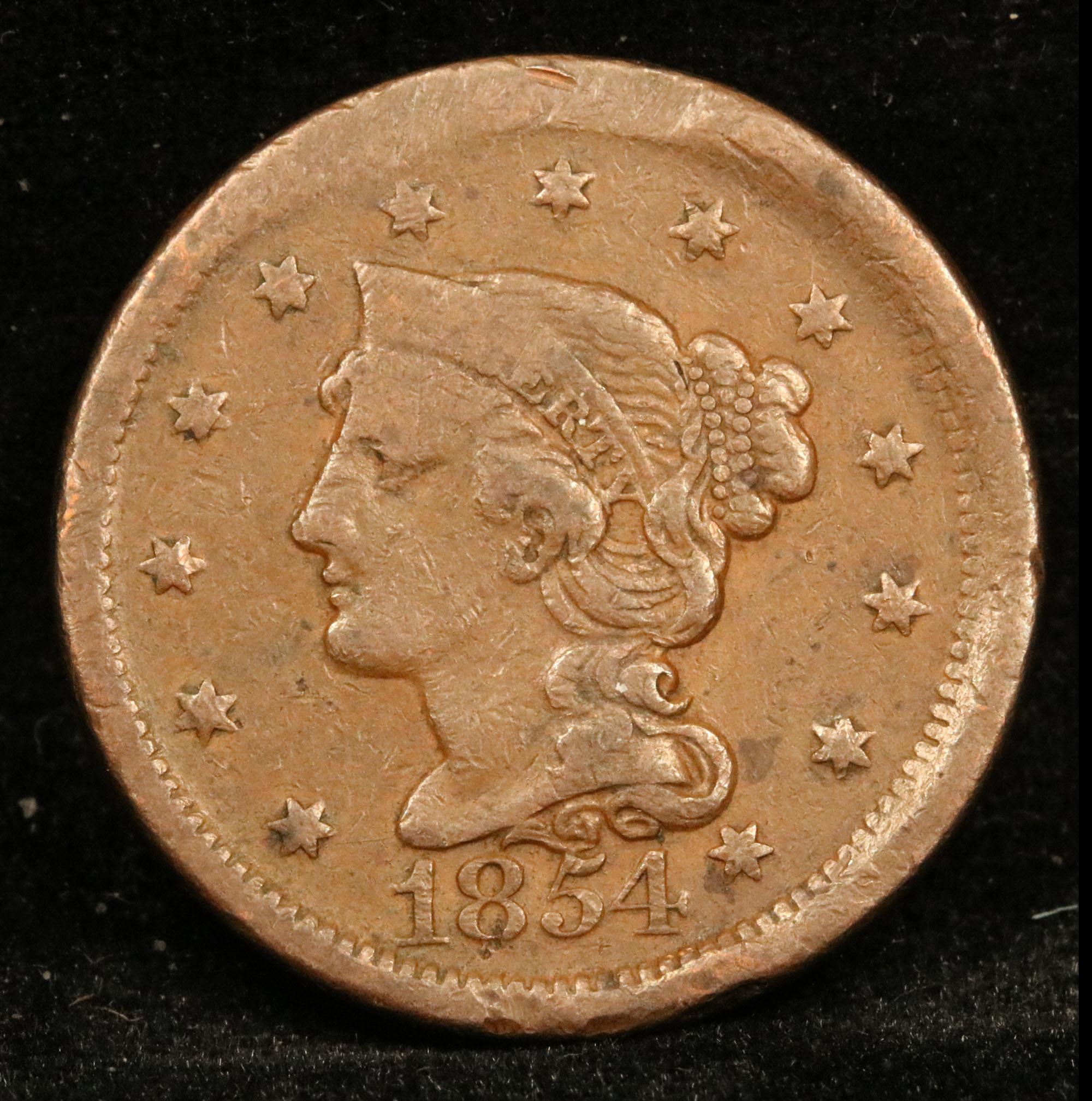 1854 Braided Hair Large Cent 1c Grades vf, very fine