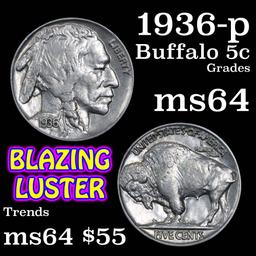 1936-p Buffalo Nickel 5c Grades Choice Unc