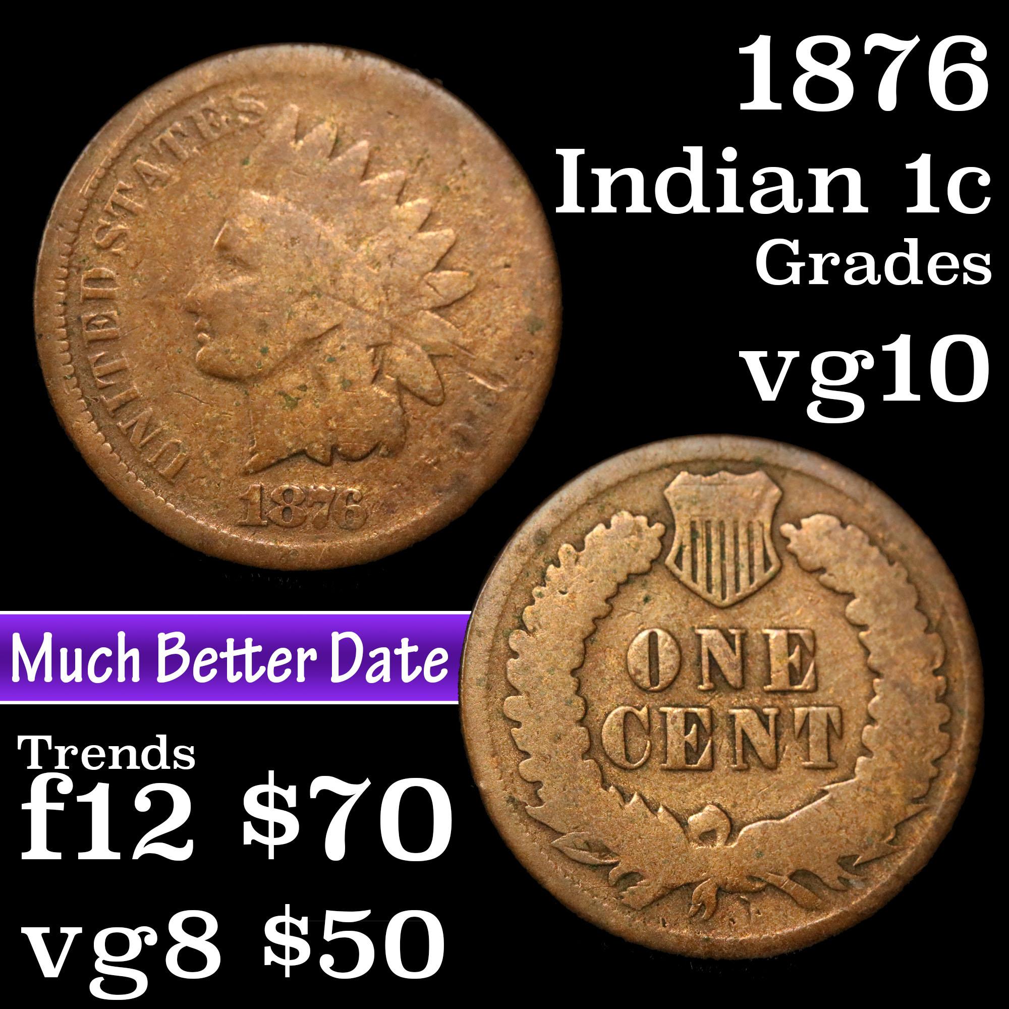 1876 Indian Cent 1c Grades vg+