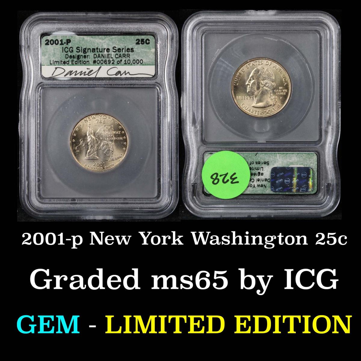 2001-p New York, Daniel Carr Signature Series 692/10000 Washington Quarter 25c Graded by ICG